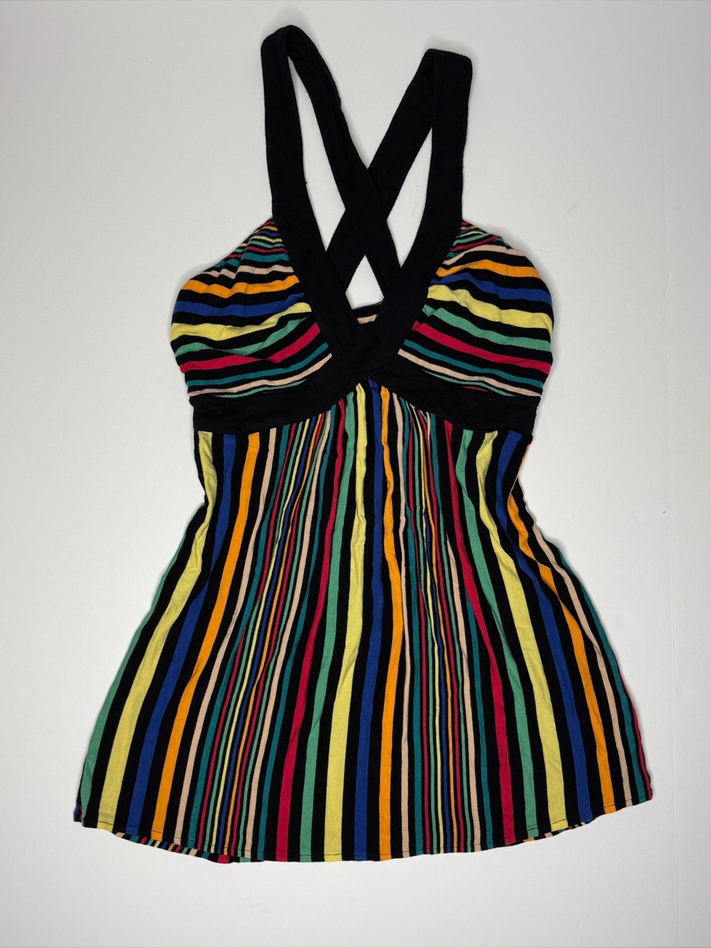 Y2K Striped Tank Top Multicolor Halter Stretch Cami Retro Clubwear Small